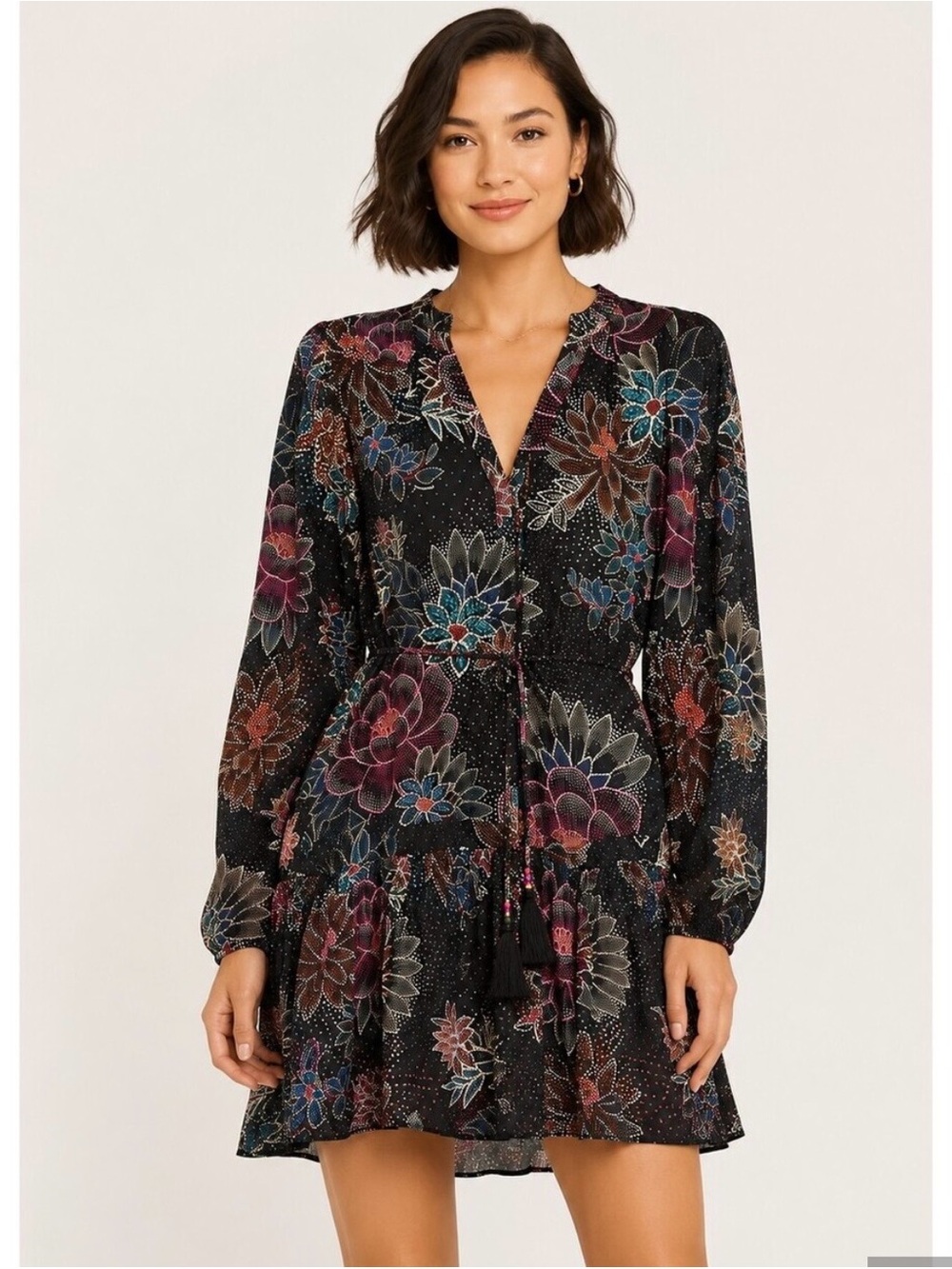FARM Rio Floral Tassel Mini Dress Size XS Boho Long Sleeve